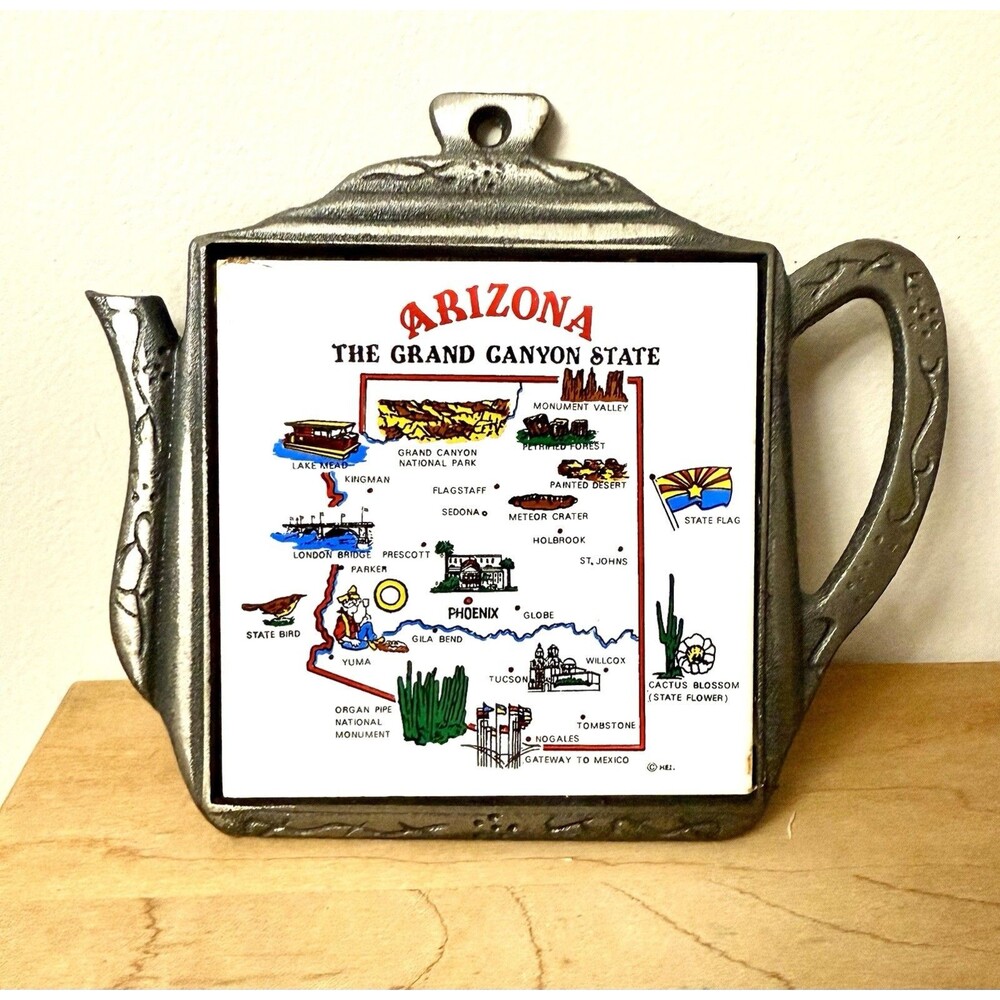 Vintage Cast Iron Arizona Tea Kettle Tile Trivet